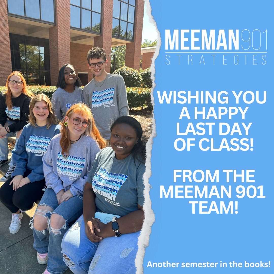 Meeman901's tweet image. Celebrating a victorious semester&apos;s end! The Meeman 901 Strategies team extends warm wishes to all Tigers on their last day. May success follow you into the next chapter and semester! 🎓🐅 #FinishStrong #UniversityofMemphis #SemesterSuccess #Meeman901