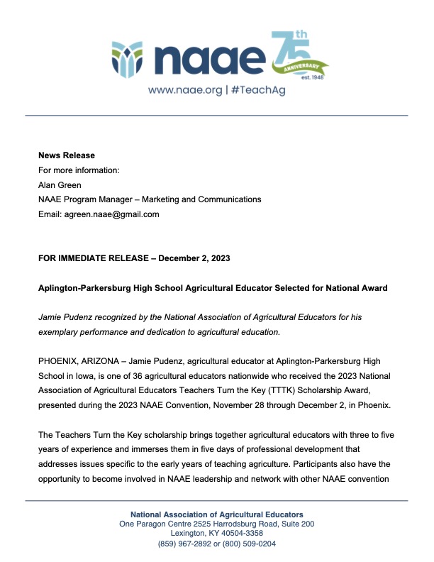 APFalcons's tweet photo. Congratulations to Mr. Pudenz for being recognized by the National Association of Agricultural Educators for his exemplary performance and dedication to agricultural education. https://t.co/KBmabUauEK