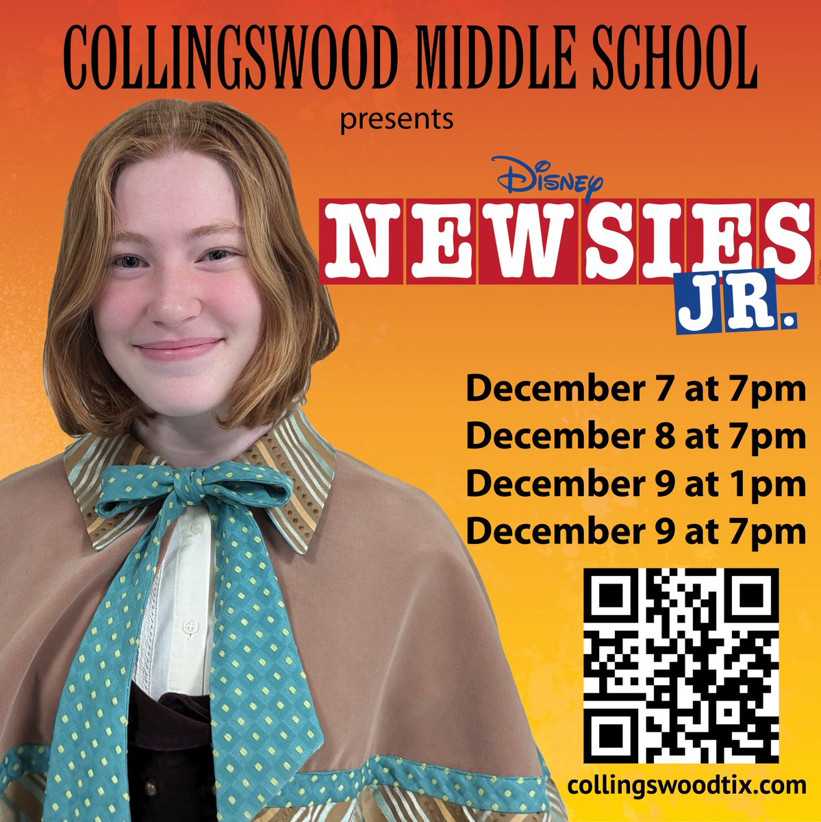 "Give those kids and me the brand new century, and watch what happens!"

Esmé stars in NEWSIES JR. as Katherine Plumber, an ambitious young reporter. You can "Watch What Happens" when she performs with our Gold Cast on 12/8 at 7pm and 12/9 at 7pm.

🎟 collingswoodtix.com