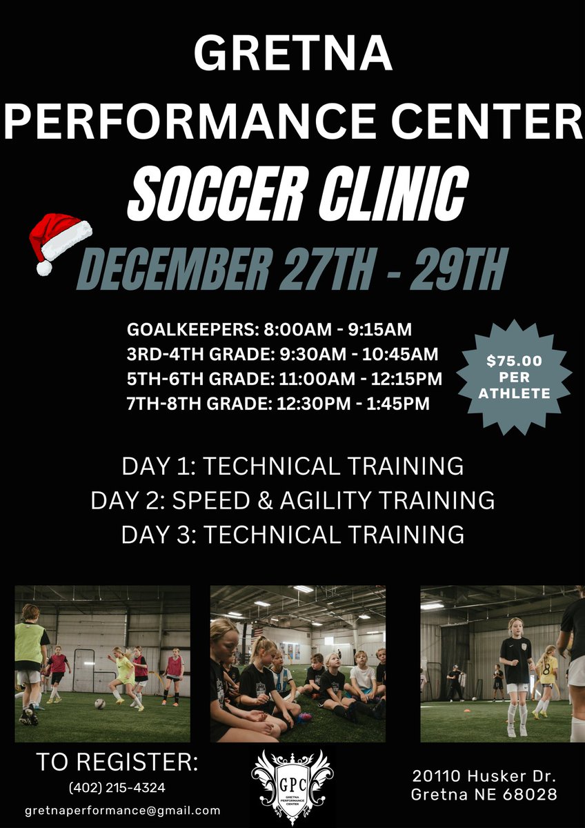 GretnaPerformnc's tweet photo. Winter Break calls for a 3 Day soccer clinic! Our focus is to push your athlete so they can improve their technical ability, passing, and produce more accurate striking!

 https://t.co/IuPpwuKnA6

Limited spots available!

📱 (402) 215-4324
📧 gretnaperformance@gmail.com https://t.co/w63MPHjbci