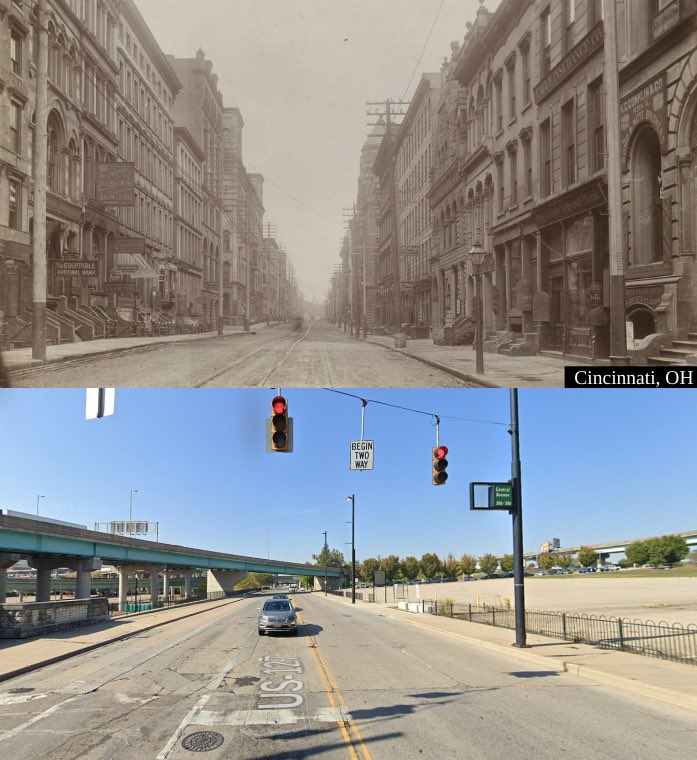 3rd and Central Streets, Cincinnati, Ohio. 25,000 people were displaced to build I-75 and the surrounding parking lots.