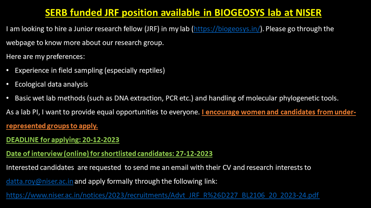 Job alert <a href="/SBSNISER/">SBS, NISER</a> in BIOGEOSYS lab! I am looking to hire a JRF. Please see the advertisement (niser.ac.in/notices/2023/r…) and apply if you are interested and eligible. I especially encourage women and under-represented groups to apply. Kindly RT for more reach. #BIOGEOSYS