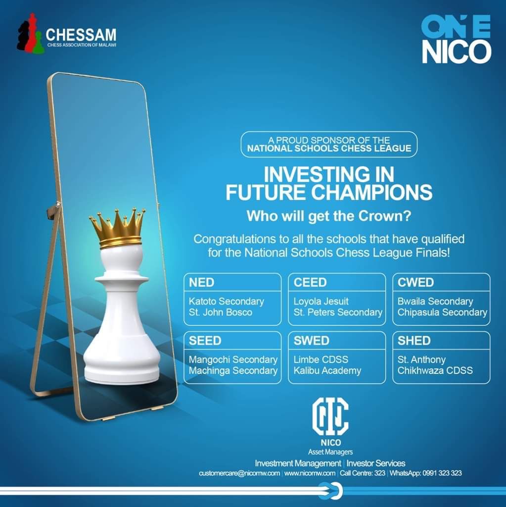 MalawiChess's tweet photo. The National Schools Chess League will conclude this coming weekend with the FINALS.
Sponsored by NICO Asset Managers https://t.co/xRe7x13qMF