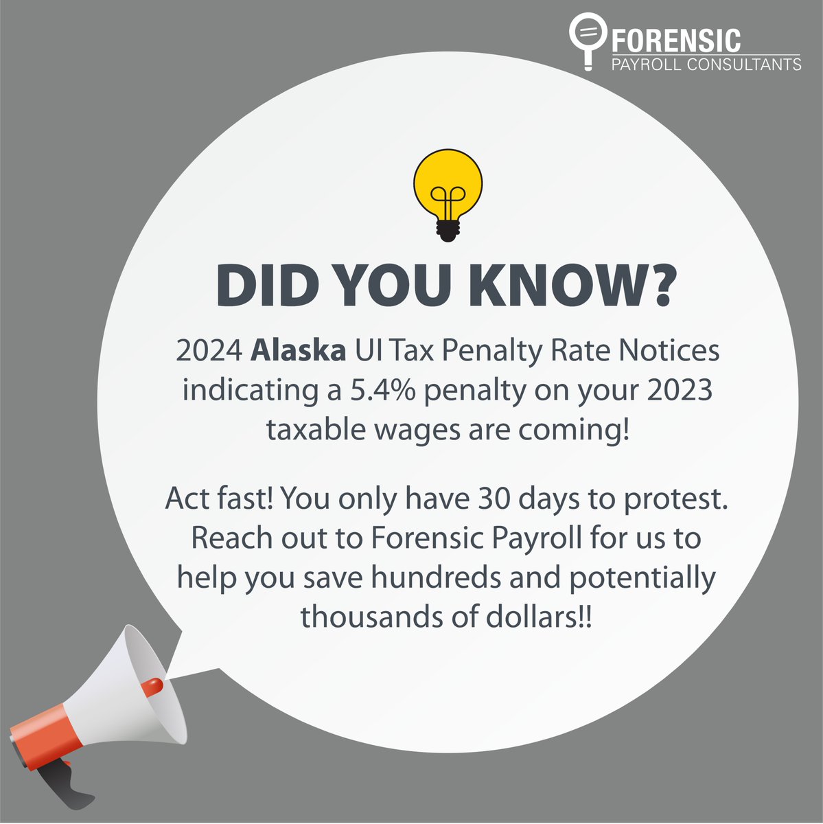 🚨 Alaska Employers!

You have 30 days to protest, if you spot a max rate of 5.4%, contact Forensic Payroll!⏳

We'll investigate and help save $$ for your client.

#UnemploymentTax #PayrollTax #Colorado #AskFPC #UITaxPenalty #PayrollExpert #PayrollCompliance #UIExpert