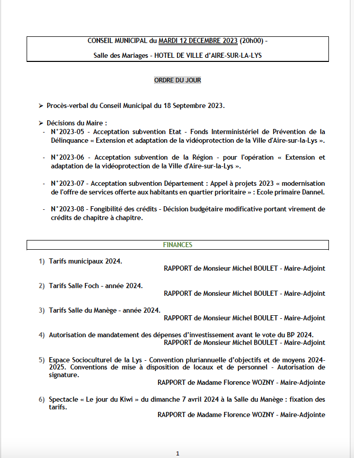 AireNouvelle1's tweet photo. CONSEIL MUNICIPAL !

Mardi 12 décembre 2023 à 20 H 00, salle des mariages, 2° étage de l'Hôtel de ville à #AiresurlaLys
Au programme 19 délibérations dont les tarifs municipaux 2024 ! https://t.co/2cceaKH6V6