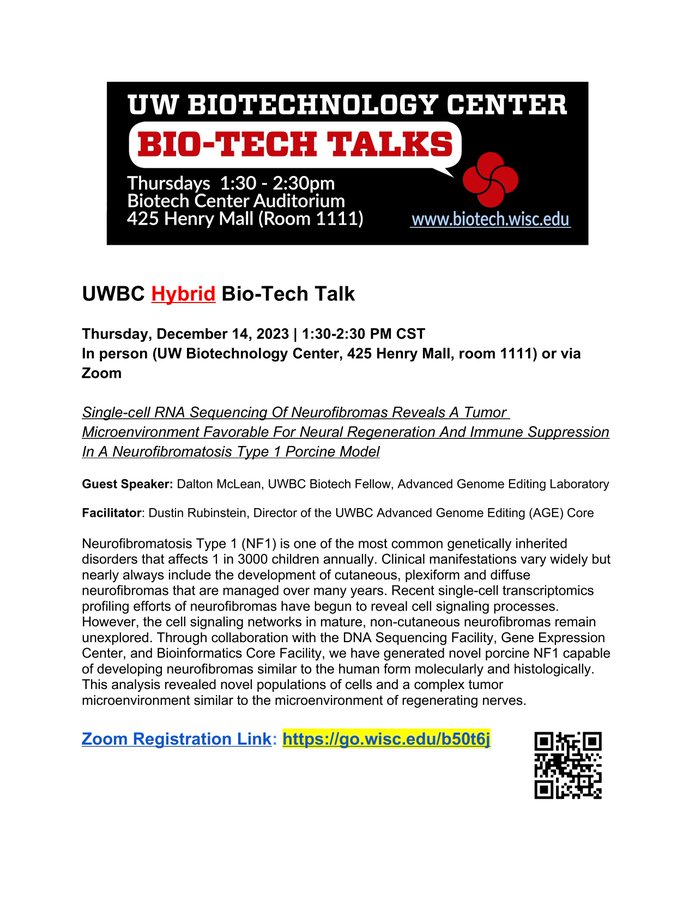 Reminder: join us next week, 12.14.23 (1:30-2:30) for our monthly hybrid UWBC Bio-Tech Talk! Speaker: Dalton McLean, UWBC Biotech Fellow, Advanced Genome Editing Laboratory. Come in person (425 Henry Mall) or join us via Zoom: go.wisc.edu/b50t6j <a href="/UWCarbone/">UW Health | Carbone Cancer Center</a> <a href="/UWMadScience/">UW–Madison Science</a>
