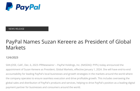PayPal nombra a Suzan Kereere presidenta de Mercados Globales.

#PYPL #FinanzasInteligentes #InversiónExitosa #LiderazgoEstratégico #CrecimientoRentable #PayPalGlobal #SuzanKereere #PagosDigitales #EjecuciónImpecable #NegociosGlobales #TransformaciónEmpresarial