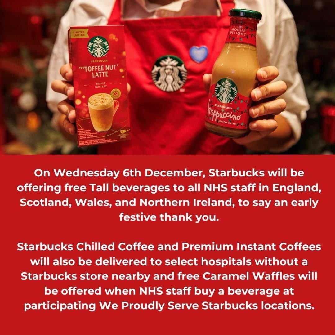 There's still time for members of #TeamDerbyshireHealthcare and the #NHS to enjoy a free drink from @StarbucksUK! 💚 Just remember to take your ID card as you will need to show this to claim your freebie! ☕️ #ThankYouNHS #ThankYouStarbucks #Starbies