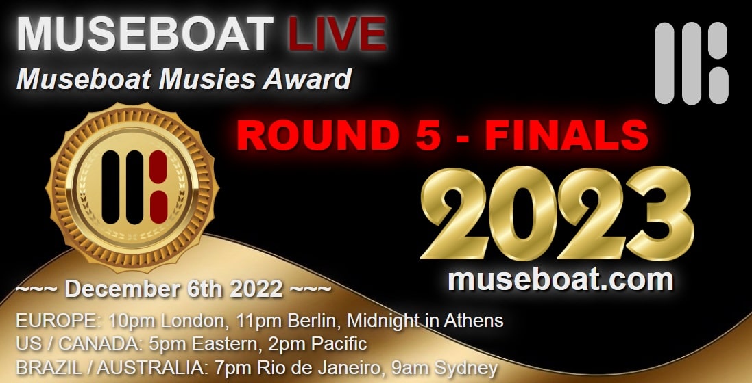 #RT Museboat Musies Award 203 ROUND 5 show at museboat.com is with @JupePaul @Jreidmusic1 @jakebest2022 @ScreamingSun012 @robbie_harte @pmadtheband @victormaslyaev @AndrewDeanMusic @GallagherCanada Join us today at bit.ly/41nQkD8 @ArtistRTweeters
