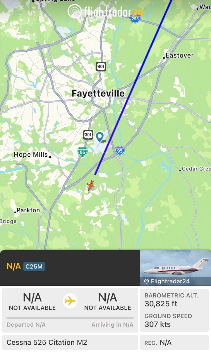 ebrinkster's tweet photo. Spooky and blocked Cessna Citation flying above Fayetteville NC right now. @flightradar24 #flightradar24 https://t.co/UY1zyLtbTl