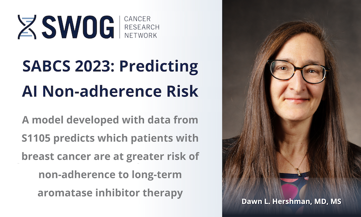 At #SABCS23, @DrDawnHershman presents on model that uses baseline sociodemographic & financial measures to predict which patients are at significantly higher risk of non-adherence to long-term therapy with aromatase inhibitors. swog.org/news-events/ne… @DrJoeUnger @SupportingSWOG