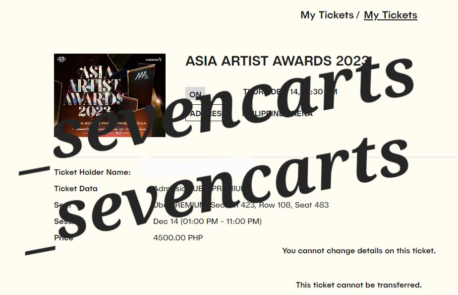 _sevencarts's tweet image. wts lfb ph

ASIAN ARTIST AWARDS 2023 IN PH 

1  UBC PREMIUM TICKET 
section 423 row 108 seat 483

- Php 4,200 installment , 4000 payo
- sto tomas, batangas / mm  

will process the authorization letter with my ID and signature

#AAA2023inPH  ubc prem 

dm