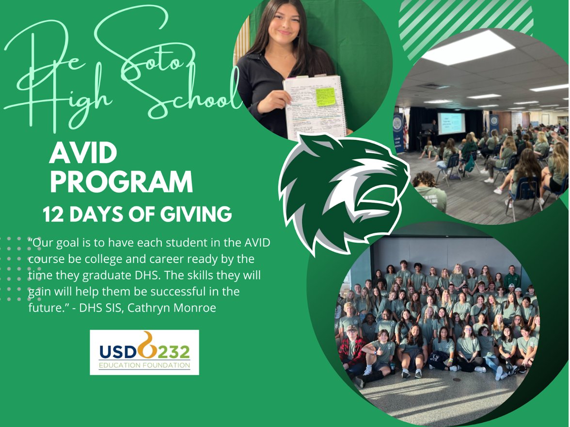 USD232EF's tweet photo. #12DaysofGiving232 DHS’s AVID program is making waves! Driven by determination &amp; ambition, AVID students are often on the cusp of becoming first-generation college students. Learn about this incredible program &amp; how to show your support today.
Learn more > https://t.co/eTwxs02Wzc https://t.co/44laVMnCdI