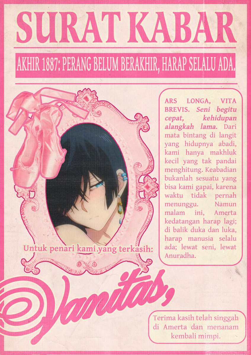Walaupun waktu fana, sejarah akan diabadikan dalam seni dan tari. Selepas berkelana melalui mesin waktu dan membantu Kota Amerta percaya akan hadirnya mimpi dan seni, PenariVanitas kini telah berpulang kembali ke semesta yang seharusnya.