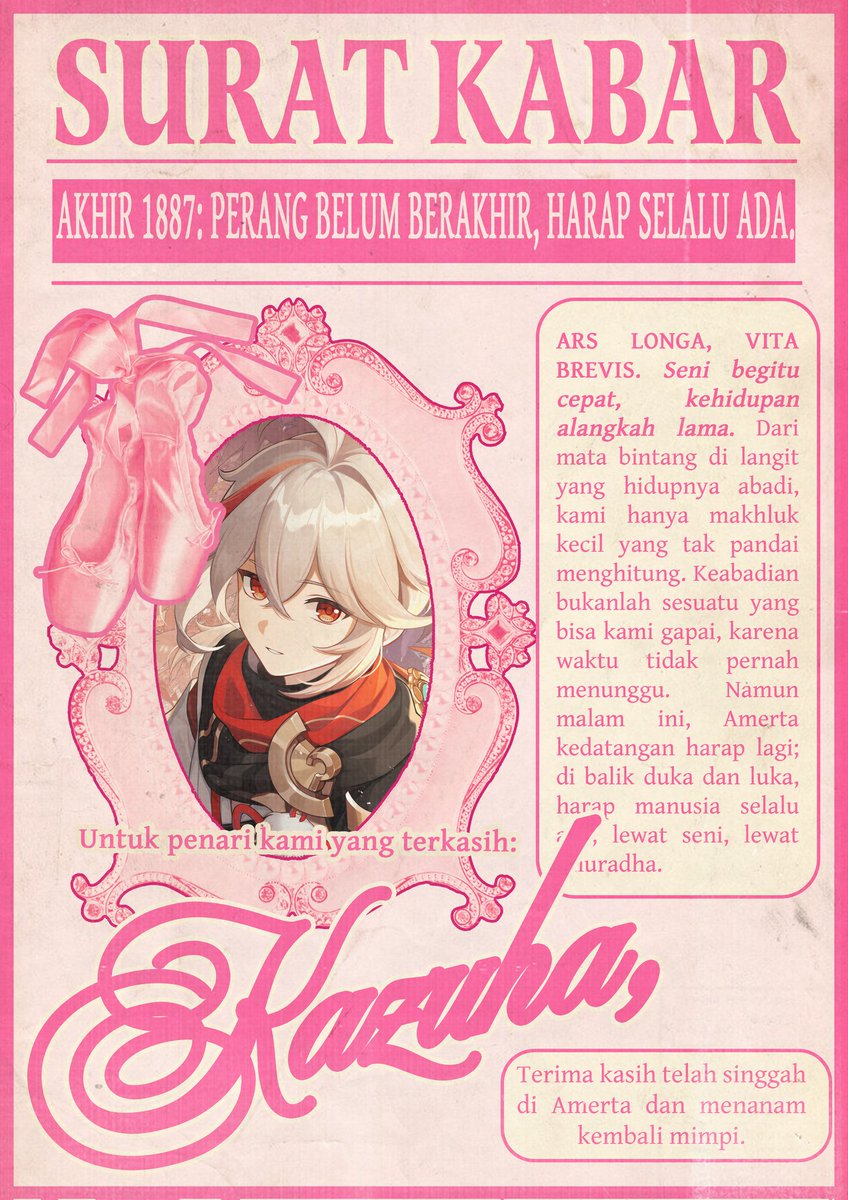 Walaupun waktu fana, sejarah akan diabadikan dalam seni dan tari. Selepas berkelana melalui mesin waktu dan membantu Kota Amerta percaya akan hadirnya mimpi dan seni, PenariKazuha kini telah berpulang kembali ke semesta yang seharusnya.