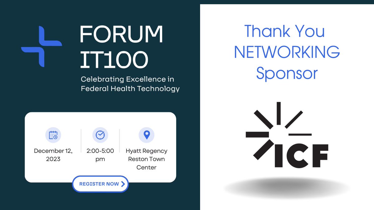 🎉WELCOME: @ICF is a sponsor for our 8️⃣Annual #FORUMIT100 (formerly FedHealthIT100) Awards! ICF is excited to sponsor this celebration of the people that are driving forward federal health IT. Join us on 12/12: bit.ly/484BN2U