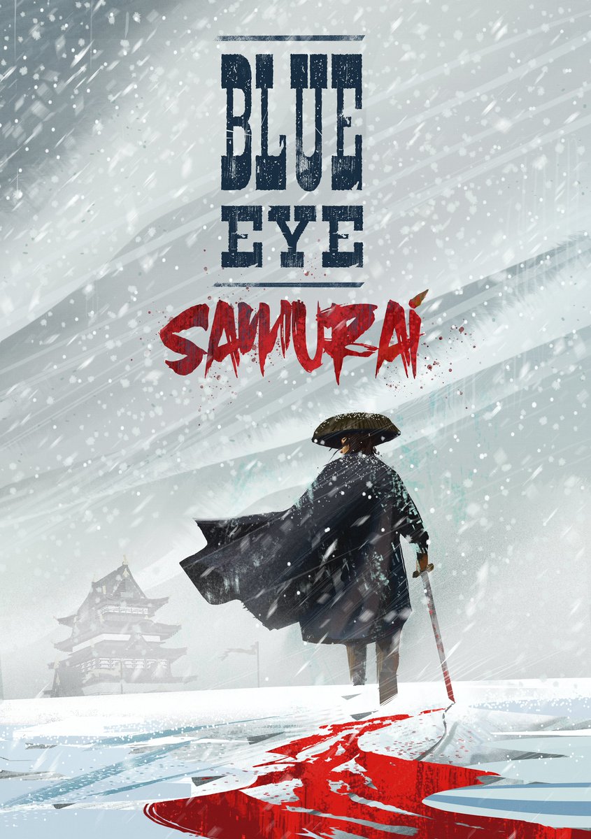 ScheierJason's tweet photo. Some Blue Eye Samurai poster concepts I did back in 2020 as Production Designer to internally hype up our team. I always loved the contrast of Western Font juxtaposing Japanese sword script. https://t.co/ssC4cGLJqB