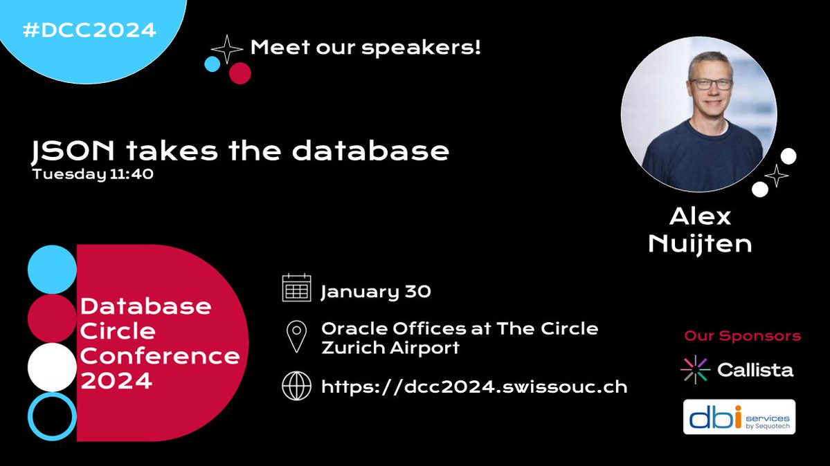 ✨Time to meet our speakers! ✨ In his session, @alexnuijten takes you on a journey of JSON in the #Oracle database and what it has to offer! 🎫Still waiting for a ticket? dcc2024.swissouc.ch #SwissOUC @oracleace #DCC2024