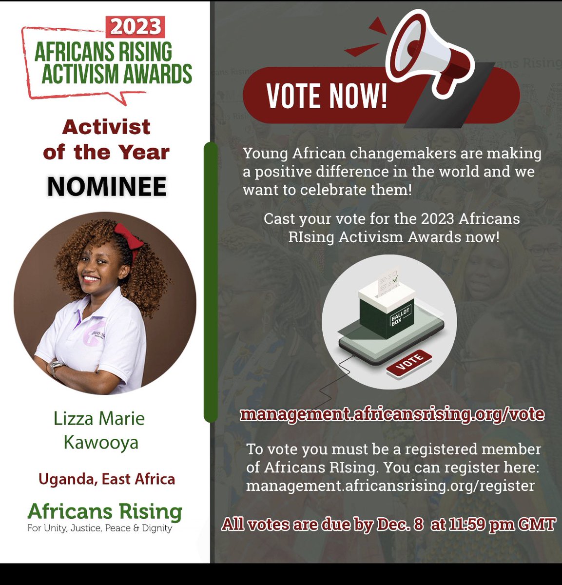 Your @highimpactgirl is a nominee for the @AfricansRising Activist of the year Award💃🏽🎉 This award would mean a lot for the work we do at @dwonainitiative especially through championing art advocacy against gender based violence in Uganda and soon across Africa. #artivism