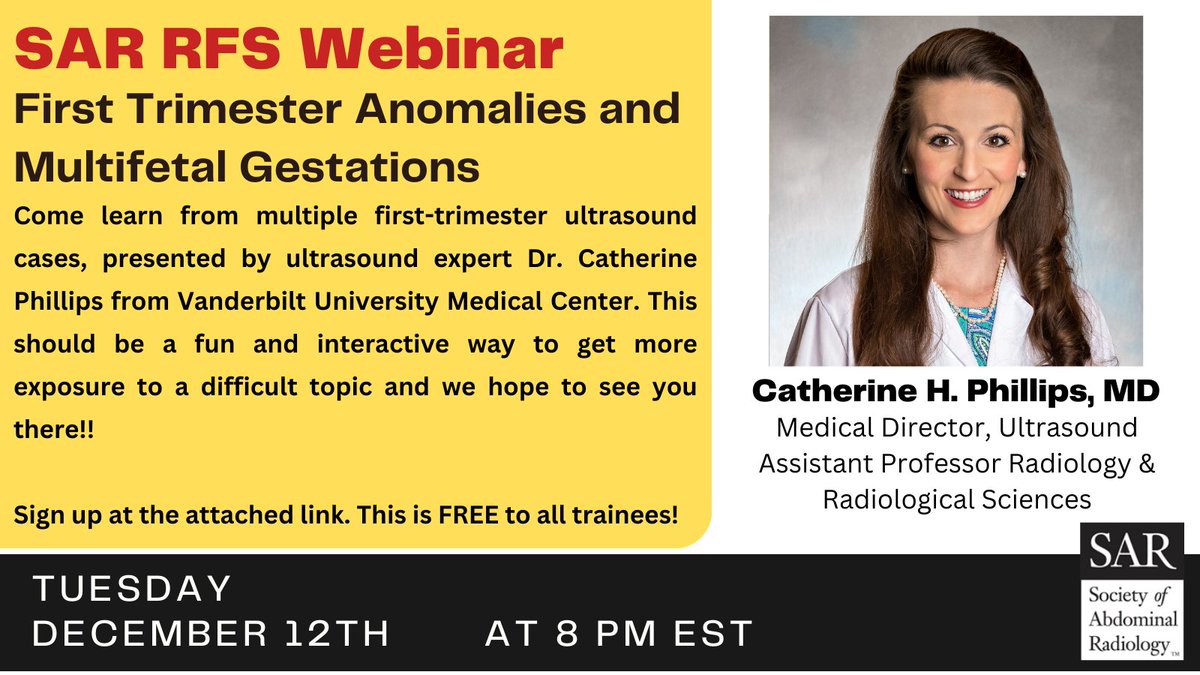 📢 Don't miss our upcoming SAR RFS Webinar on First-Trimester Anomalies and Multifetal Gestations! 
Join us for an insightful session with Dr. Phillips, from Vanderbilt University Medical Center. 
Tuesday, December 12th at 8 pm EST. #Ultrasound 
Sign up: us06web.zoom.us/webinar/regist…