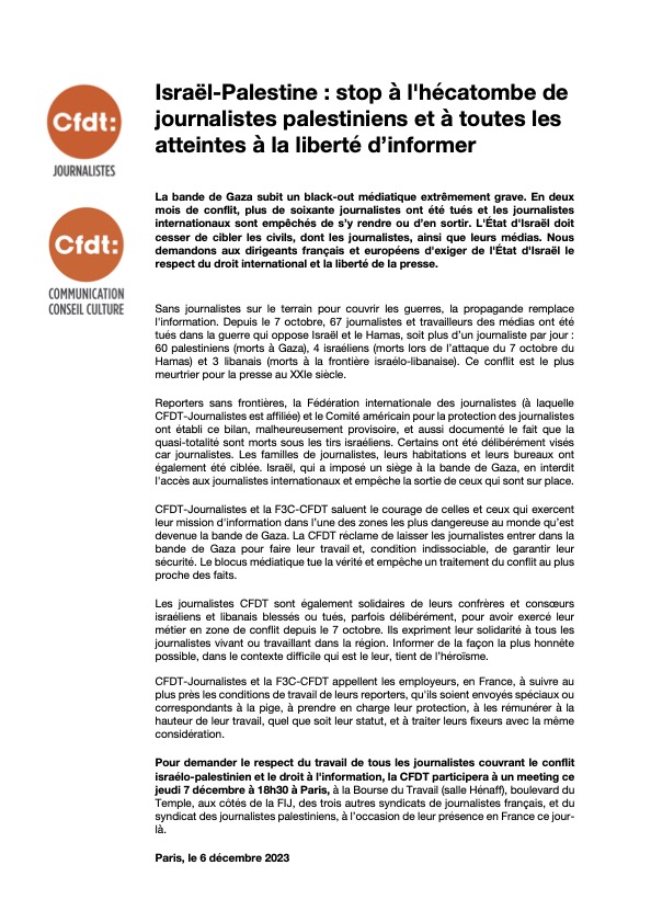Pourquoi nous alertons sur la situation des journalistes à Gaza ⤵️
Nous vous donnons RDV demain jeudi 7/12 au meeting à 18h30 à la Bourse du Travail à Paris.