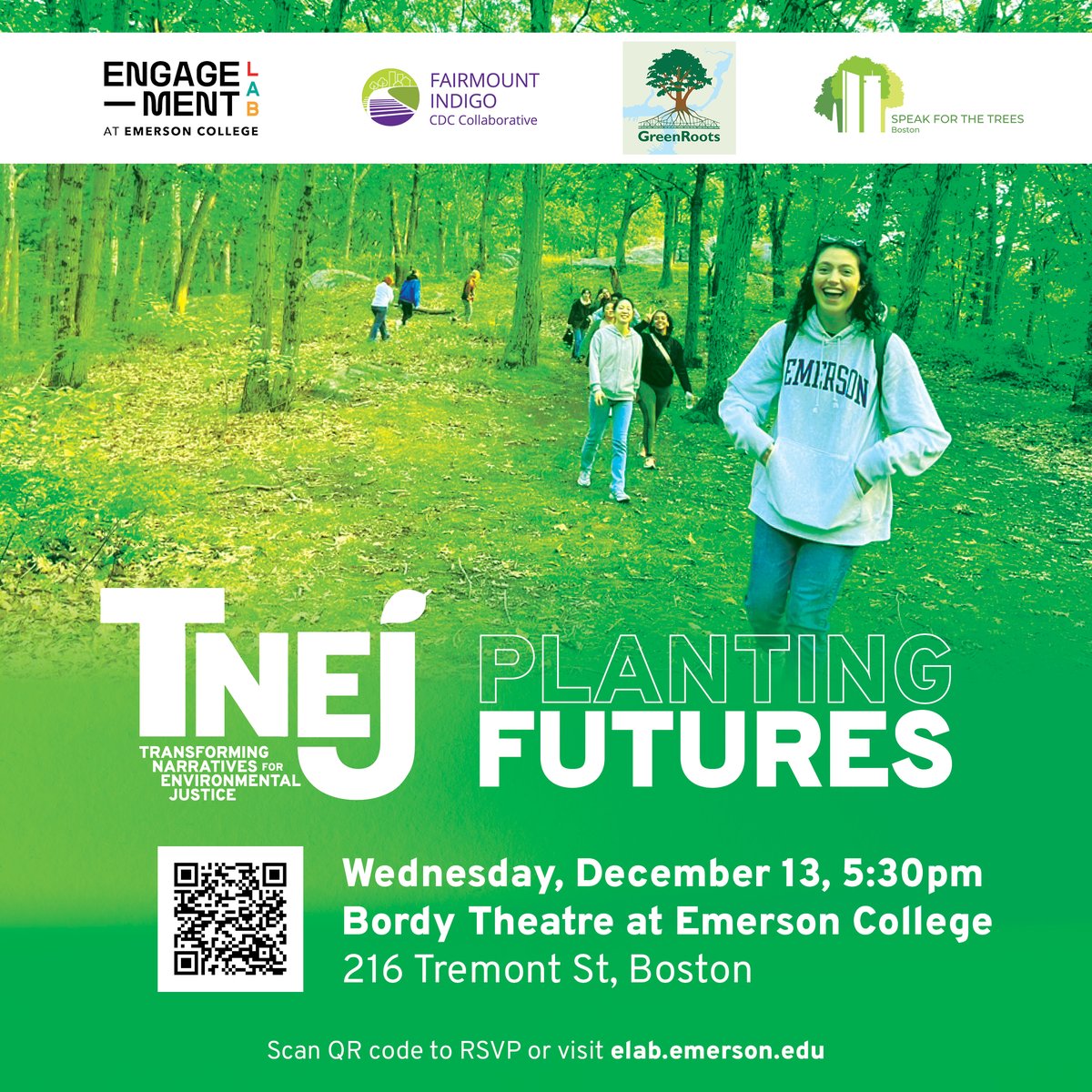 Join us, the Emerson College Engagement Lab, 'Transforming Narratives for Environmental Justice' students and faculty, @GreenRootsEJ and @Trees_Boston in presenting the projects we've created together this semester! 💚RSVP required: engagelab.ticketleap.com/planting-futur…