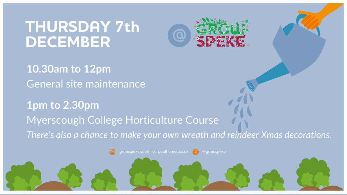 Tomorrow (Thurs 7th) we'll be doing general site maintenance in morning. In afternoon we'll be hosting our 'Introduction To Horticulture' course with @CroxtethCampus. There'll also be another chance to make your own wreath & reindeer Xmas decorations. @groundworkclm @SLH_Homes