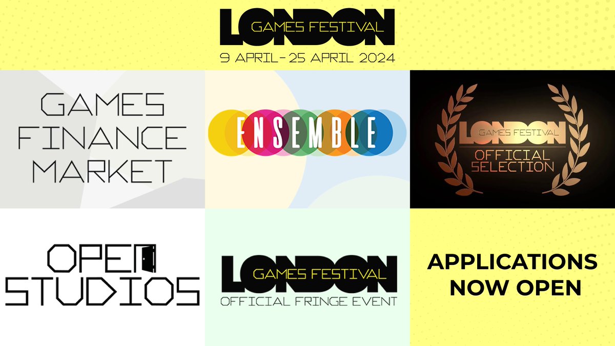 ICYMI: Applications are now open for #LGF24!

💸GFM: bit.ly/4a8XNun
🎉Ensemble: bit.ly/3TaVa5a
🎮Official Selection: bit.ly/3sXCTxM 
🚪Open Studios: bit.ly/47HSe4l
🎆LGF Fringe: bit.ly/47JqxIE
📣Speakers:bit.ly/3RrMc2a