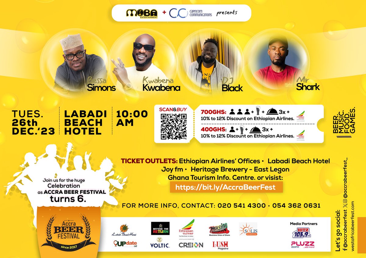 🎟️ Tickets for the #AccraBeerFestival are now available! Purchase yours via bit.ly/AccraBeerFest or scan the QR code. Don't miss out on the biggest beer festival on December 26th at <a href="/LabadiBeach/">Labadi Beach Hotel</a>. See you there! 🍺🏖️ 

#ABF #ABFat6 #WestAfricaBeer #BeerToRemember #Beer