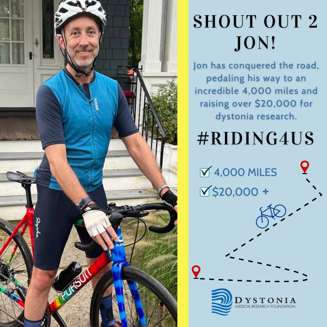 Jon has conquered the roads, pedaling his way to an incredible 4,000 miles & raising over $20,000+ for dystonia research. Congrats Jon! Every turn of his pedals echoed the spirit of hope and progress in the fight against dystonia. 🚴‍♂️Read about Jon’s story, bit.ly/3YqyTRt