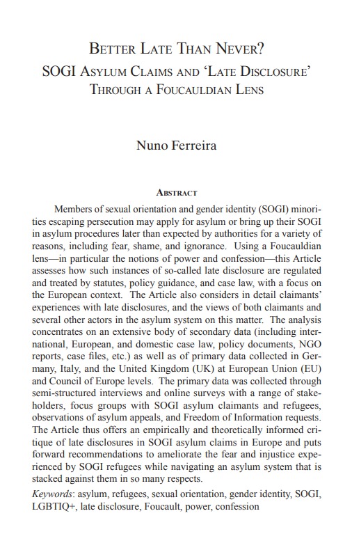 Nuno Ferreira (@nferreirasussex) on Twitter photo So happy to share latest <a href="/SOGICA1/">SOGICA</a> publication, "Better Late Than Never? #SOGI #Asylum Claims and 'Late Disclosure' Through a #Foucauldian Lens", OA with <a href="/UCLA_JILFA/">UCLA Journal of Int’l Law & Foreign Affairs</a> #refugees #sexualorientation #genderidentity #LGBTIQIA #latedisclosure #power #confessions escholarship.org/uc/item/3kd5b8… So happy to share latest <a href="/SOGICA1/">SOGICA</a> publication, "Better Late Than Never? #SOGI #Asylum Claims and 'Late Disclosure' Through a #Foucauldian Lens", OA with <a href="/UCLA_JILFA/">UCLA Journal of Int’l Law & Foreign Affairs</a> #refugees #sexualorientation #genderidentity #LGBTIQIA #latedisclosure #power #confessions escholarship.org/uc/item/3kd5b8…