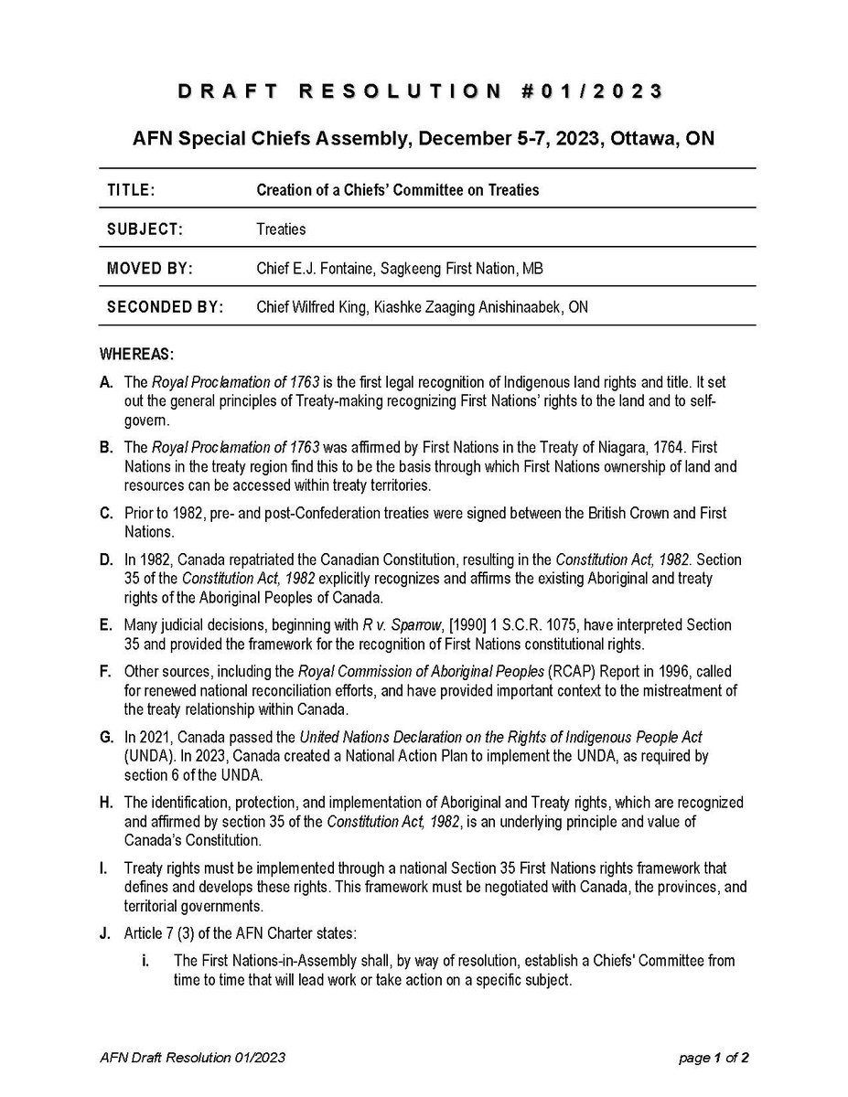 RussDiabo's tweet image. AFN has a Draft Resolution to get a mandate for Treaties, the plan is to set up a Chiefs' Committee on Treaties!

"Treaty Chiefs need to reject AFN resolution as it’s unworkable with existing First Nations positions on the UNDRIP Act and the UNDA Action Plan." 1/2