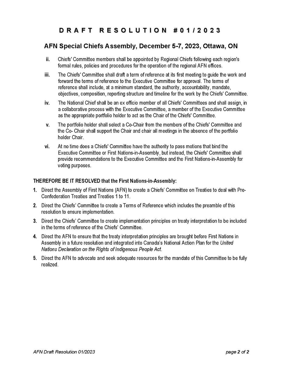 RussDiabo's tweet image. AFN has a Draft Resolution to get a mandate for Treaties, the plan is to set up a Chiefs' Committee on Treaties!

"Treaty Chiefs need to reject AFN resolution as it’s unworkable with existing First Nations positions on the UNDRIP Act and the UNDA Action Plan." 1/2