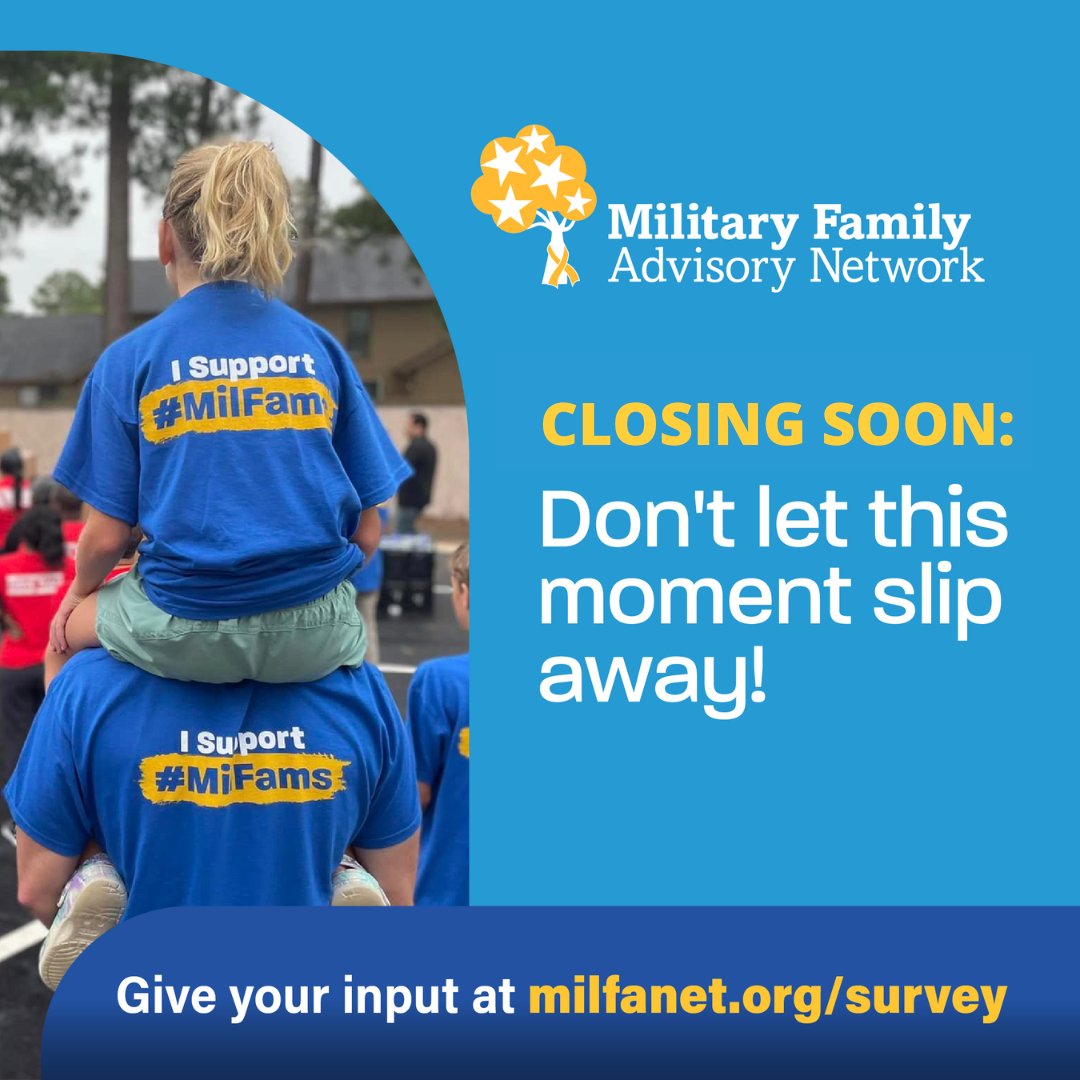 Time is running out for military and veteran families to share their lived experiences and inspire the change we all want to see. @Mil_FANet’s survey closes on December 10. If you’re military-connected, take the #MFANsurvey at milfanet.org/survey.