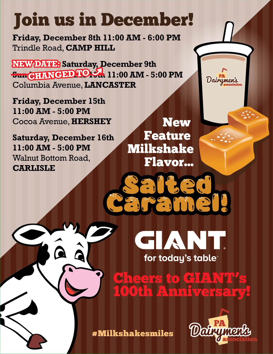 padairymens's tweet photo. Due to Sunday's rainy forecast, we will now be holding the Lancaster GIANT Anniversary Pop Up Celebration at @GiantFoodStores, 1360 Columbia Ave, Lancaster on Saturday 12/ 9 from 11:00am-5:00pm. Join us!
#100YearsOfGIANT #milkshakesmiles https://t.co/GX1iNtT4pO