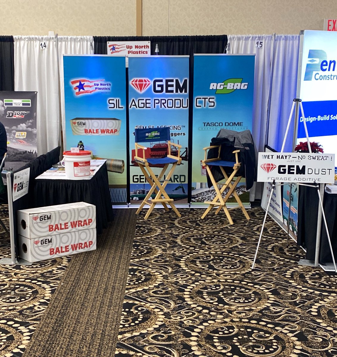 Bart_kleinlu's tweet photo. All set up for the Manitoba Dairy conference. Swing by the booth to grab some information regarding optimal feed storage. #Gemdust #netwrap #7layer #silage https://t.co/BIKiHofPES
