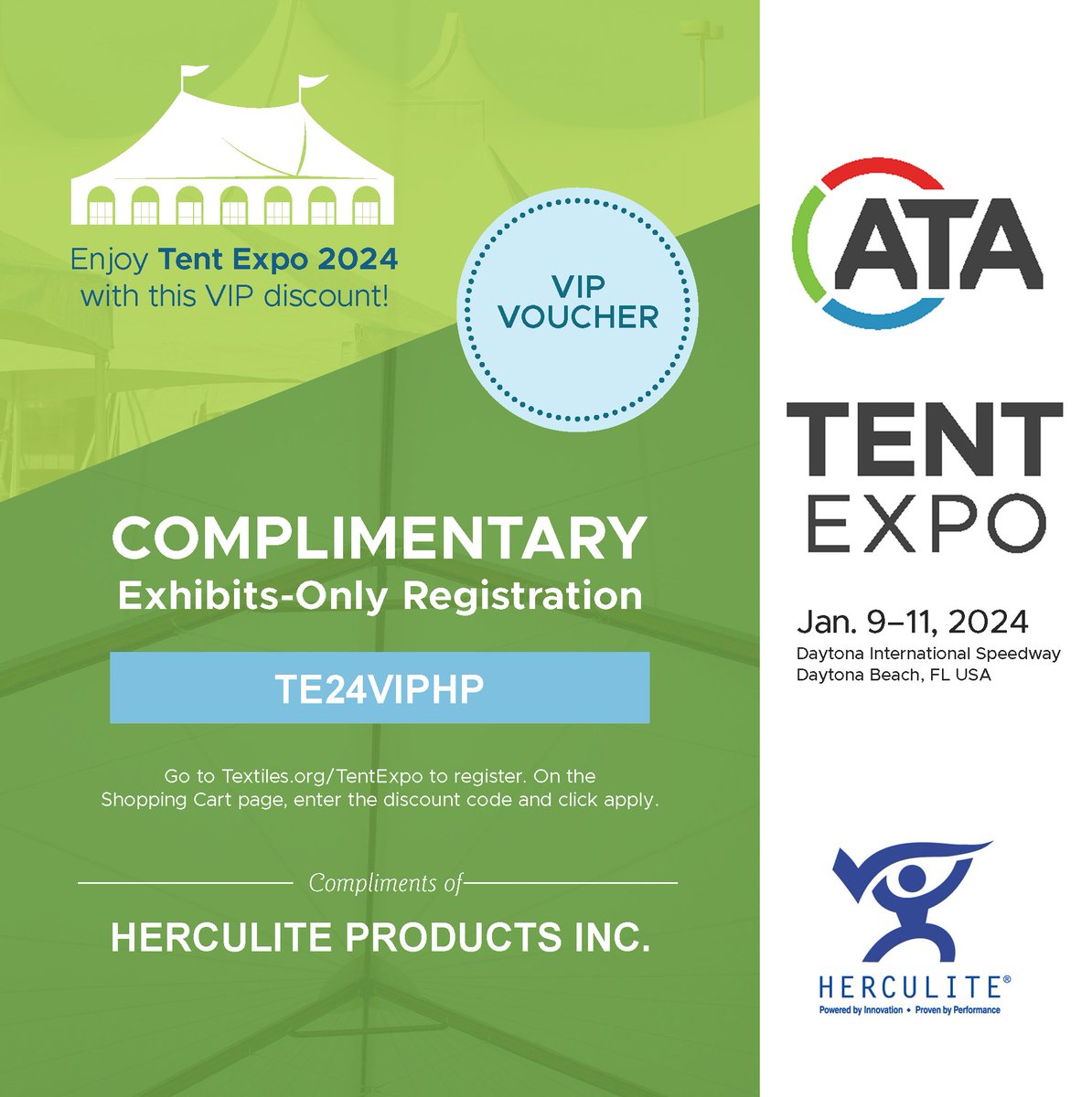 Herculite Products (@herculiteprod) on Twitter photo Just over a month away is the <a href="/ATA_Textiles/">Advanced Textiles Association</a> Tent Expo. Use this code to get a complimentary exhibits-only registration and see what's new. tent.textiles.org/events/expo/re…
.
.
#tentrental #ata #herculite #tentfabrics #TentExpo #eventrental #partytent #TRD Just over a month away is the <a href="/ATA_Textiles/">Advanced Textiles Association</a> Tent Expo. Use this code to get a complimentary exhibits-only registration and see what's new. tent.textiles.org/events/expo/re…
.
.
#tentrental #ata #herculite #tentfabrics #TentExpo #eventrental #partytent #TRD