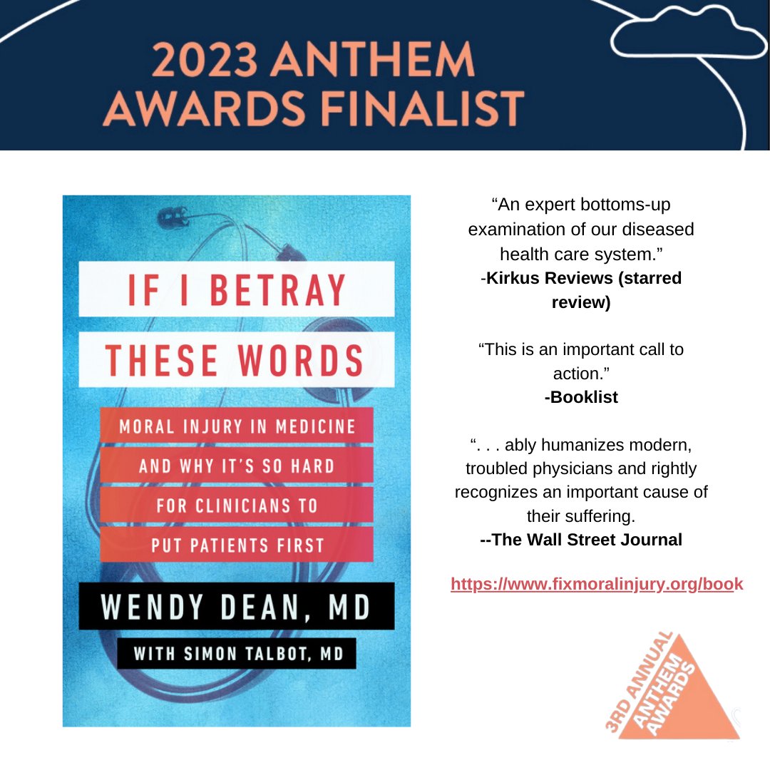 I'm thrilled #IIBTW is a finalist for an @anthemawards.  Vote (lnkd.in/gCYdfiJK) to support the work and to let everyone know that #HCW well-being is nonnegotiable.

@simontalbotmd @fixmoralinjury @SteerforthPress