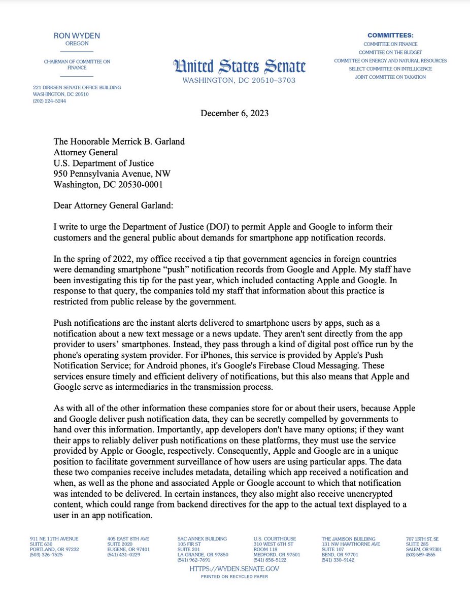 QuiverQuant's tweet image. BREAKING: Senator Ron Wyden just revealed that the DOJ is spying on Apple and Google users through push notifications.
