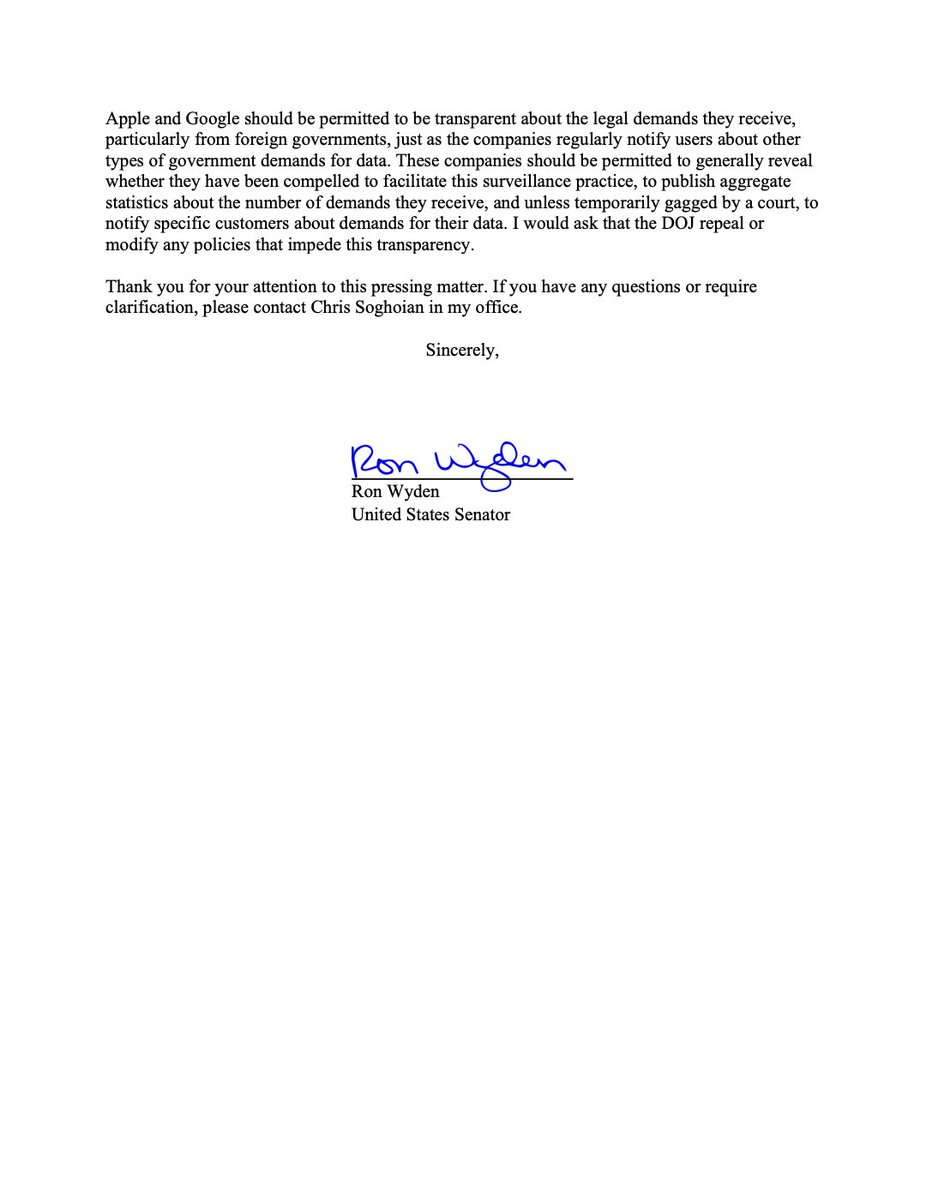 QuiverQuant's tweet image. BREAKING: Senator Ron Wyden just revealed that the DOJ is spying on Apple and Google users through push notifications.