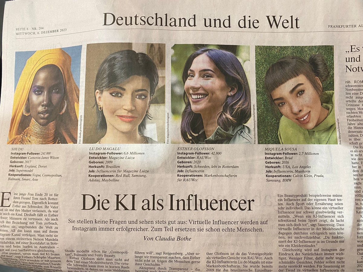 /1 German newspaper <a href="/faznet/">Frankfurter Allgemeine</a> on virtual influencers and anthropomorphism - here are my takeaways: 

Featuring <a href="/abigailmusida/">Shudufhadzo</a> <a href="/lilmiquela/">lil miquela</a> <a href="/magalu/">Lu do Magalu 💙</a> <a href="/EstherOlofsson/">Esther Olofsson</a>