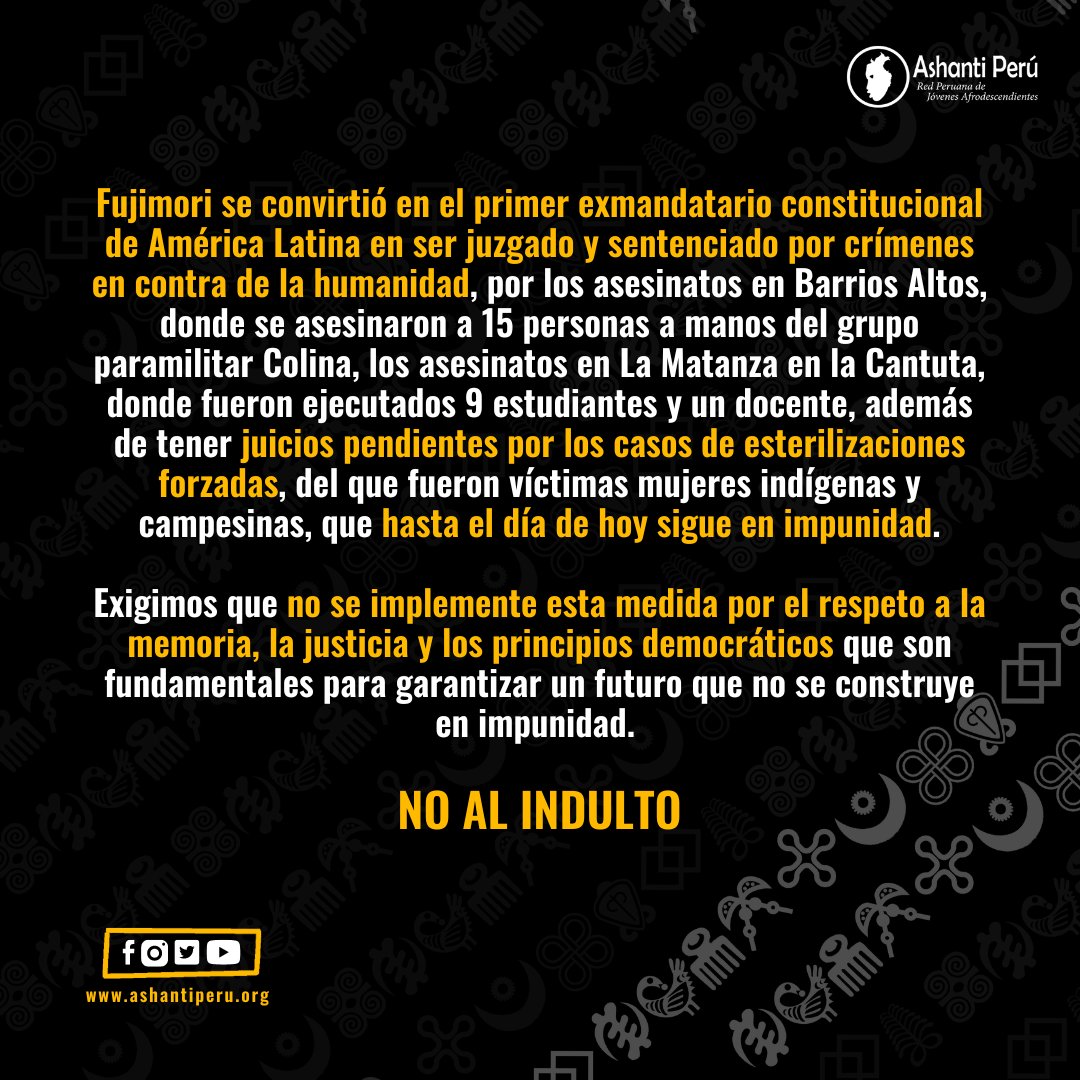 ashantiperu's tweet image. El indulto a Fujimori es un insulto a la justicia y a la memoria de las víctimas. Desde Ashanti Perú rechazamos esta decisión que socava la democracia. Exigimos justicia, no impunidad. #JusticiaParaBarriosAltos #NoAlIndulto #FujimoriNuncaMas