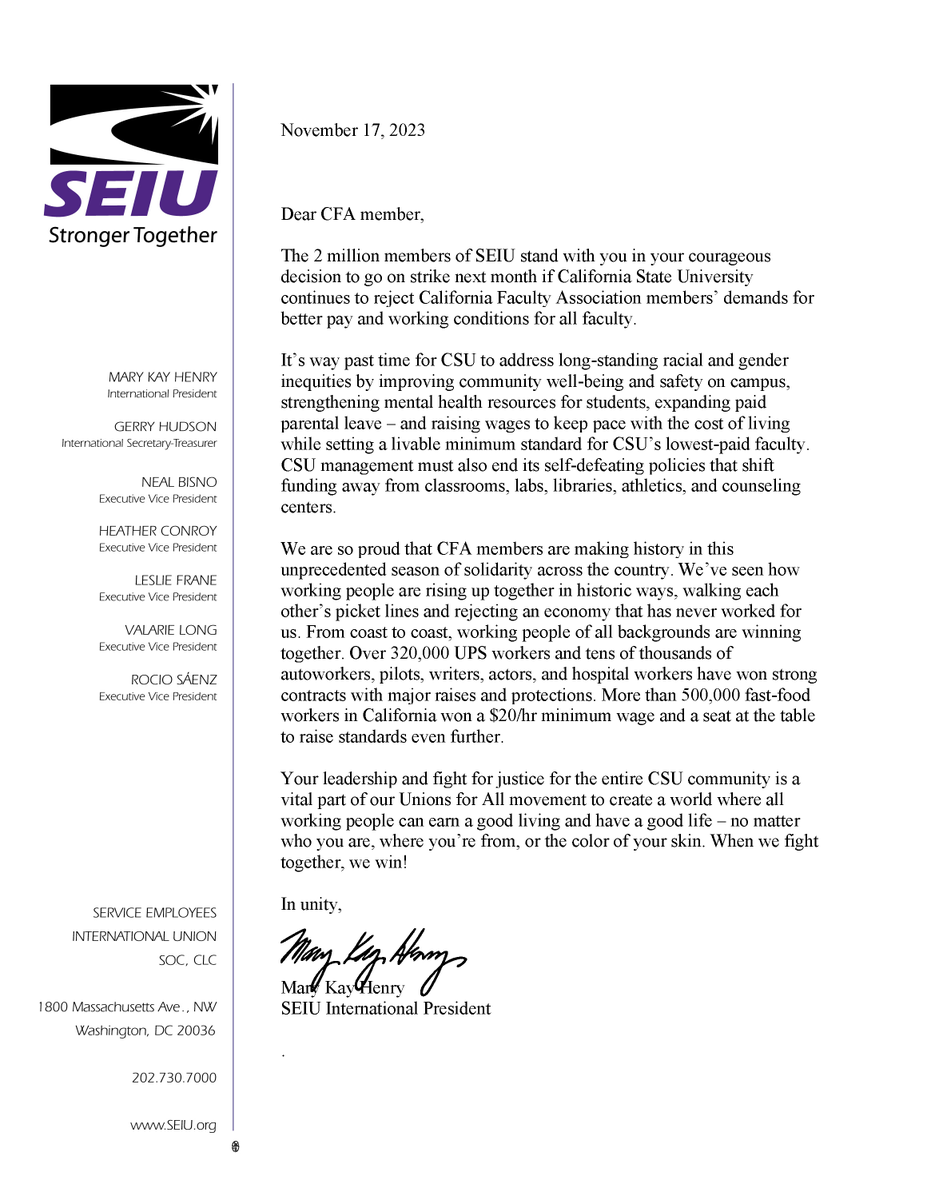 SEIU International President Mary Kay has made it clear that SEIU will be fighting side by side with us to secure a better future for all faculty working in the CSU. Together, we will address racial and gender inequities and improve our working conditions. #FairContract