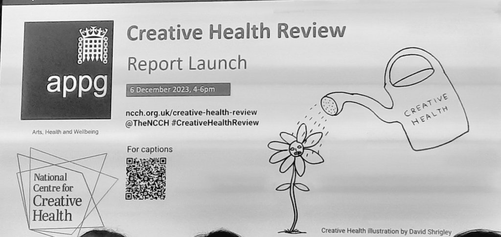 Delighted to be attending the launch of @TheNCCH #CreativeHealthReview. Our work is featured twice in this comprehensive report. 'Creativity is...central to supporting people to live well, and in the creation of healthier, happier and economically flourishing communities.'