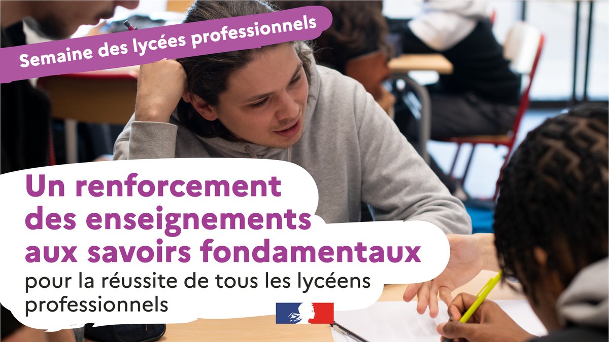 Pour élever le niveau des lycéens professionnels, les cours de mathématiques et de français en effectifs réduits seront généralisés en seconde et première, et les enseignements généraux seront augmentés de 10% en année de terminale. education.gouv.fr/choc-des-savoi…