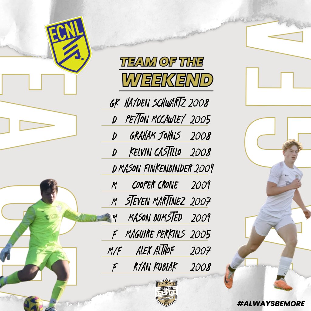 Gretna Elite Academy (@gretnaeliteacad) on Twitter photo After a Heartland Conference weekend in St Louis battling SLSG MO & IL here is the latest <a href="/GEA_ECNL/">Gretna Elite Academy ECNL</a> Boys “Team of the Weekend” ✅ 👀
Well done to all the players nominated 🫡
#GEAECNL #AlwaysBeMore After a Heartland Conference weekend in St Louis battling SLSG MO & IL here is the latest <a href="/GEA_ECNL/">Gretna Elite Academy ECNL</a> Boys “Team of the Weekend” ✅ 👀
Well done to all the players nominated 🫡
#GEAECNL #AlwaysBeMore