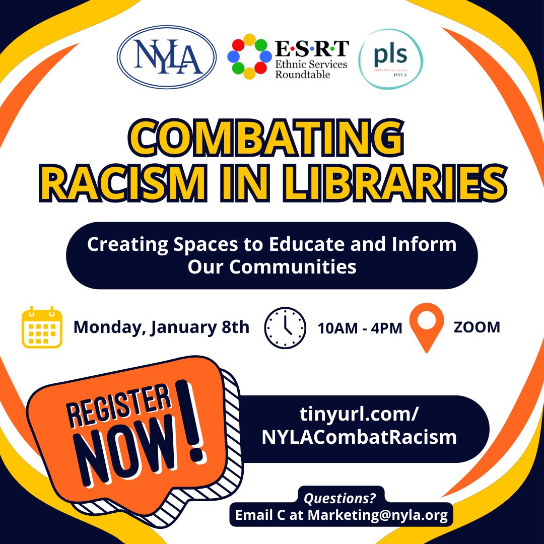 Join NYLA's Ethnic Services Round Table and Public Libraries Section in their third edition of the Combating Racism Webinar Series! This is a 6-hour continuous session with the following webinars in order. Register here: us06web.zoom.us/meeting/regist…