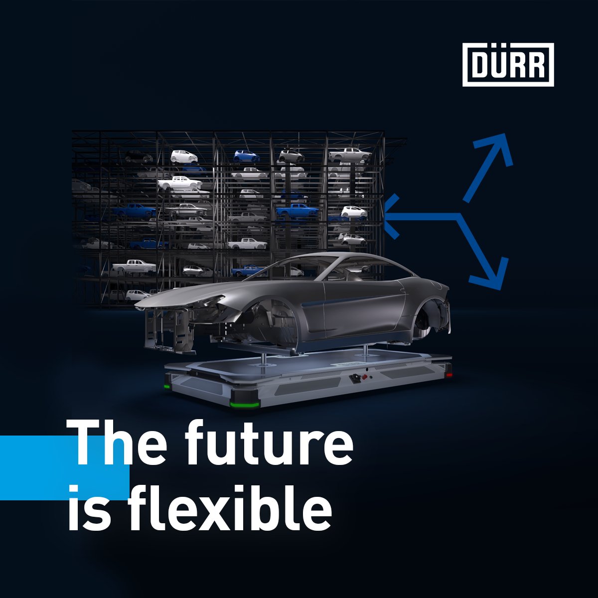 Willkommen im paint shop of the future! 

Unsere crossmediale Kampagne, für DÜRR  konzipiert und umgesetzt, präsentiert vier einzigartige Anzeigen, die jeweils einen der Vorteile repräsentieren: Flexibilität, Effizienz, Digitalisierung und Individualisierung. 
#designhochdrei