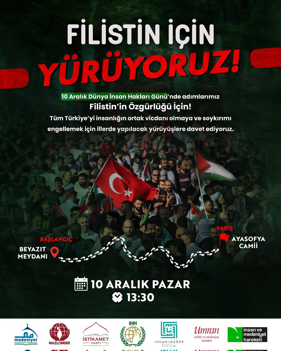 Filistin'in özgürlüğü için yürüyoruz.Duyarlı tüm halkımızı zülme karşı yürüyüşe davet ediyoruz.#idh #gdh #PalastineGenocide  #Gaza_Genocide