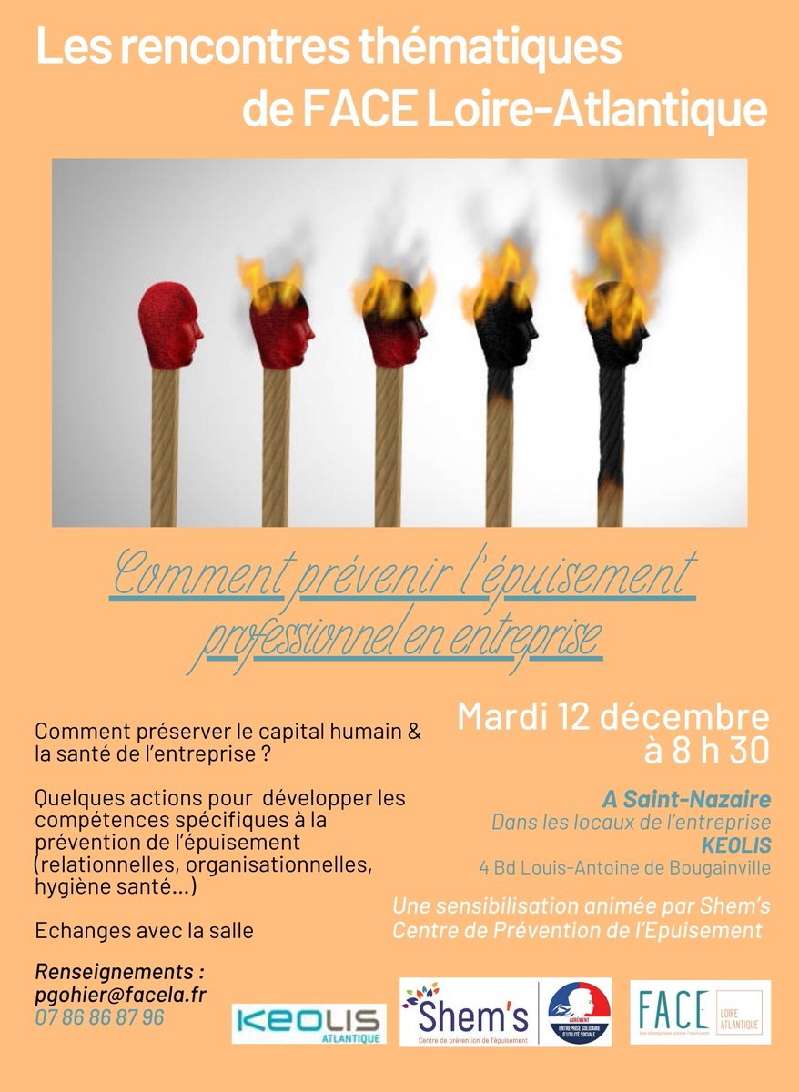 📌 Reste qq places à <a href="/VilleStNazaire/">Saint-Nazaire</a> pour le petit dej de <a href="/FondationFACE44/">FACE 44</a> et Shem's Centre de prévention de l'épuisement 
  👉Thème :  comment prévenir l'épuisement pro en entreprise ?
 📅 mardi 12 déc 8 h 30 chez <a href="/groupekeolis/">Keolis Group</a>  
  👉 Inscription entreprise : pgohier@facela.fr
